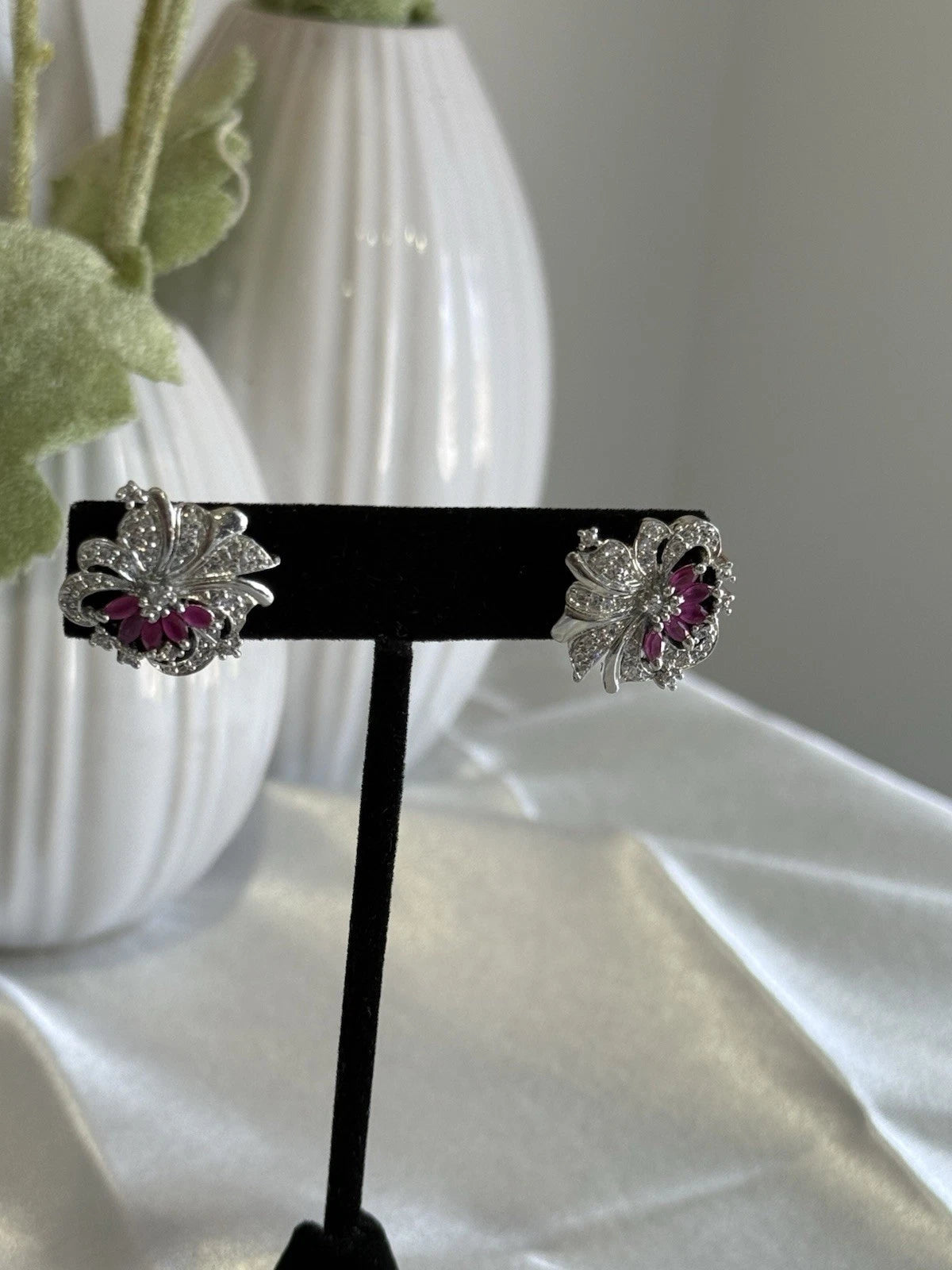 Magenta Pink CZ Floral Stud Earrings Silver Tone Party Jewelry