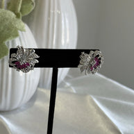 Magenta Pink CZ Floral Stud Earrings Silver Tone Party Jewelry