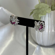 Magenta Pink CZ Floral Stud Earrings Silver Tone Party Jewelry