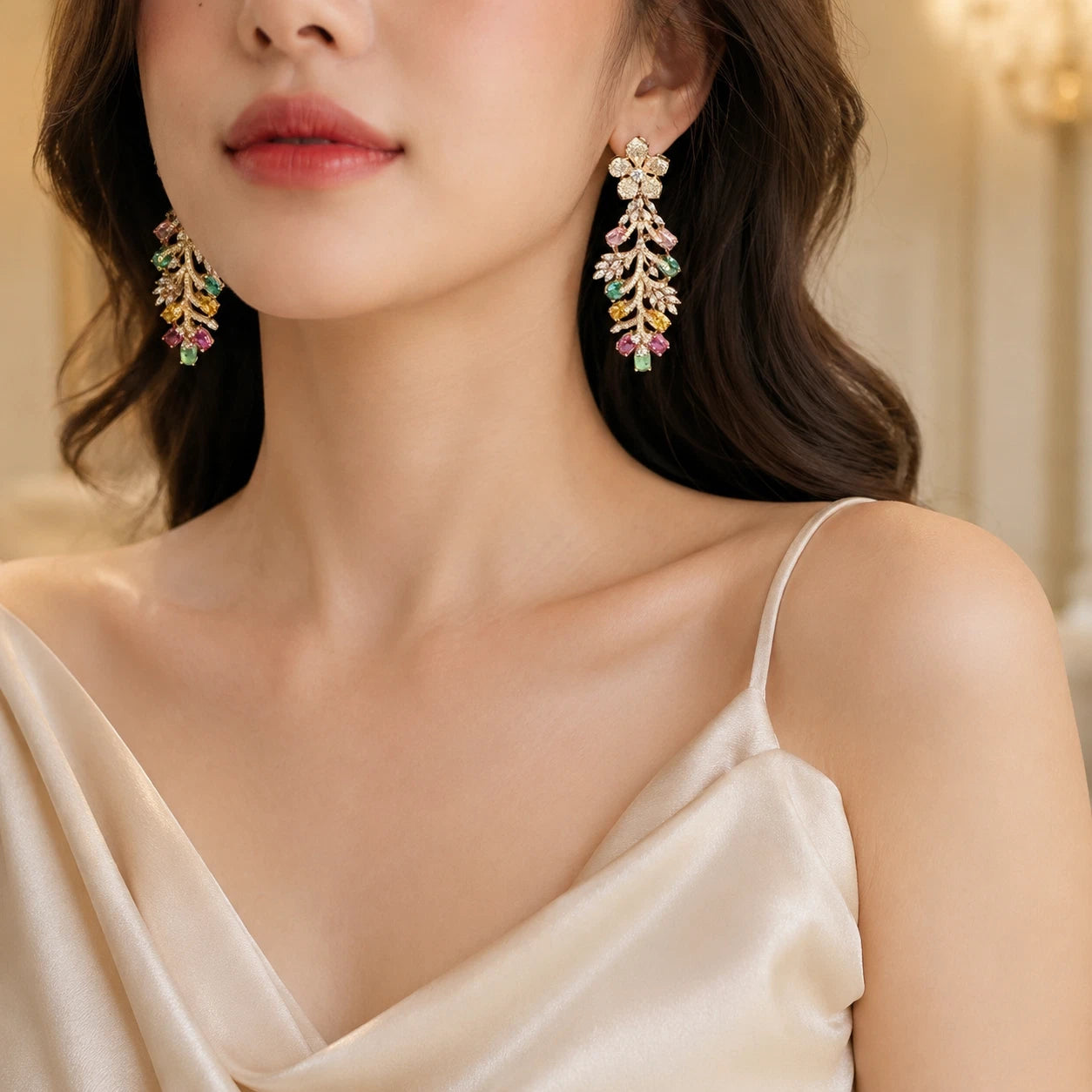 Luxury Floral Crystal Statement Earrings | Multicolor Gemstone Earrings