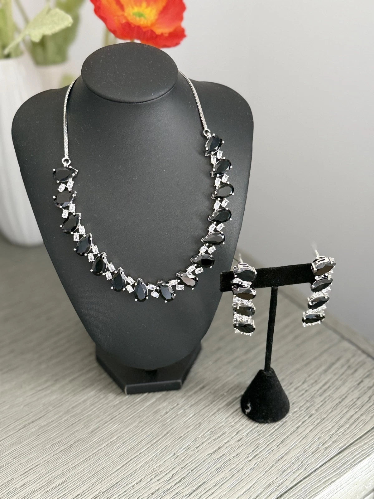 Black Teardrop CZ Jewelry Set | Elegant Necklace Earrings | Bridal Formal Evenin