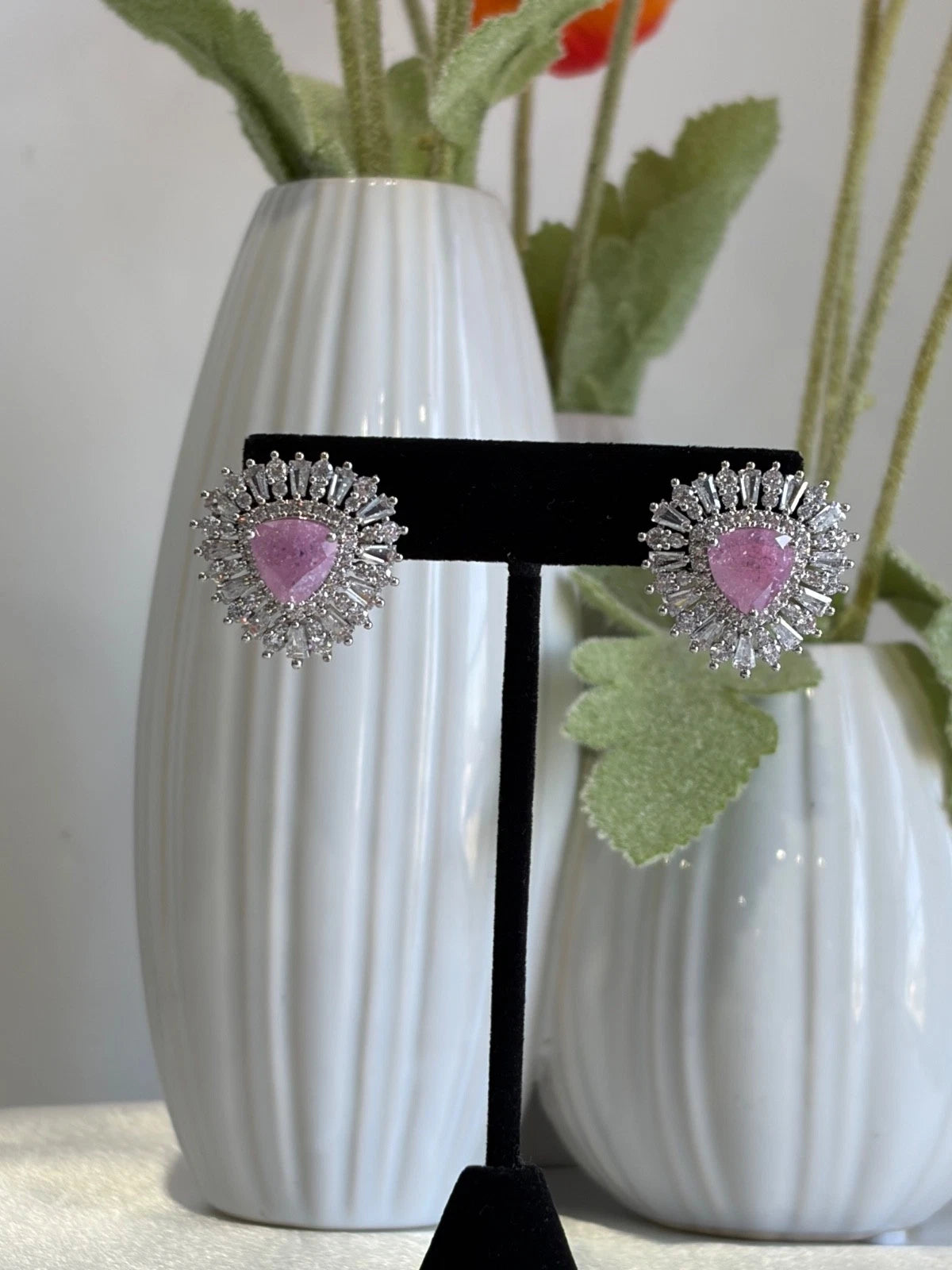Pink Stone Halo Stud Earrings Silver Tone CZ Statement Jewelry