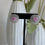 Pink Stone Halo Stud Earrings Silver Tone CZ Statement Jewelry