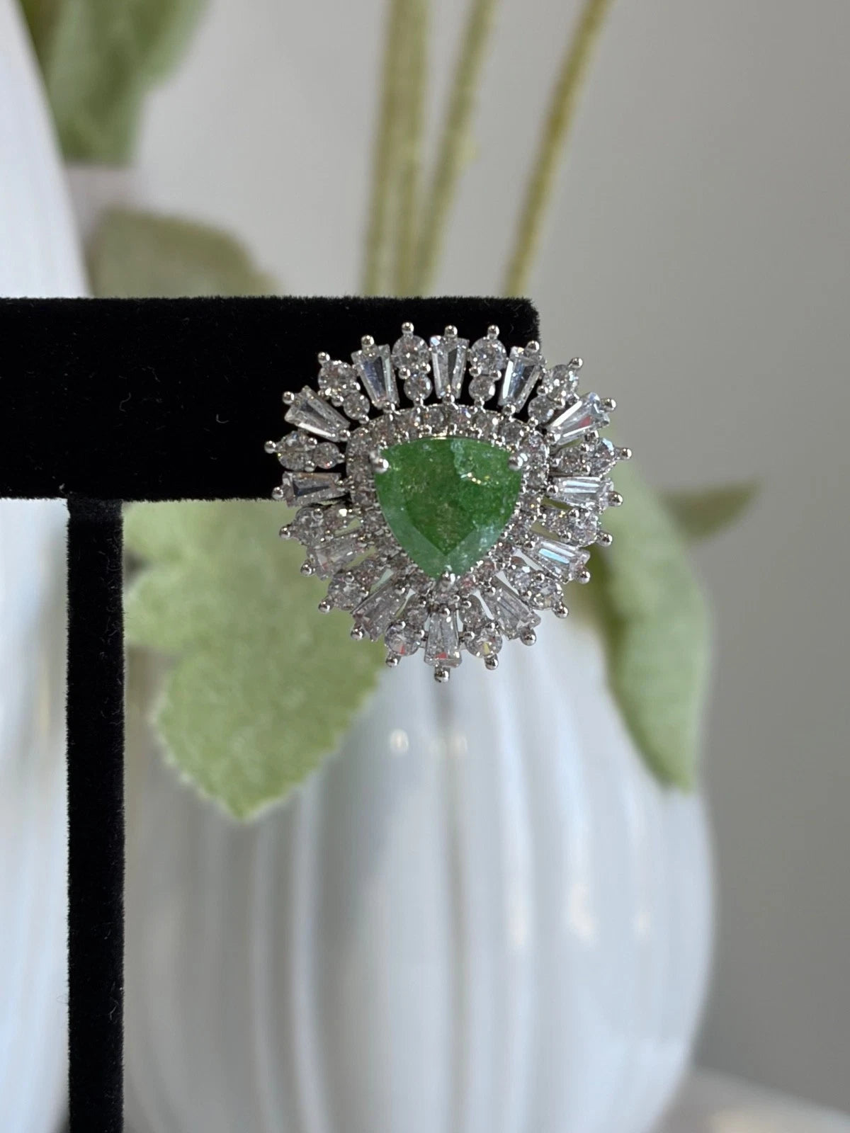 Green Stone Halo Stud Earrings Silver Tone CZ Statement Jewelry