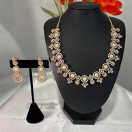 Pearl CZ Gold Tone Necklace Earrings Set Indian Pakistani Bridal Jewelry