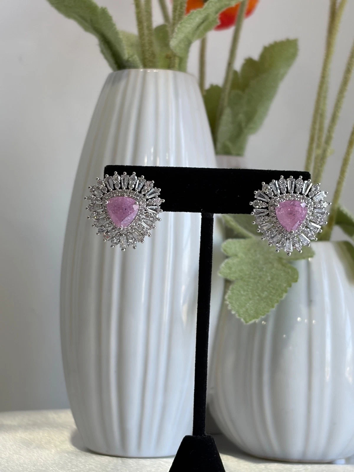 Pink Stone Halo Stud Earrings Silver Tone CZ Statement Jewelry