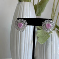 Pink Stone Halo Stud Earrings Silver Tone CZ Statement Jewelry
