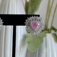 Pink Stone Halo Stud Earrings Silver Tone CZ Statement Jewelry