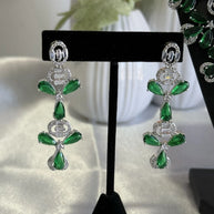 Emerald Green CZ Flower Necklace Earrings Set Silver Tone Pakistani Jewelry