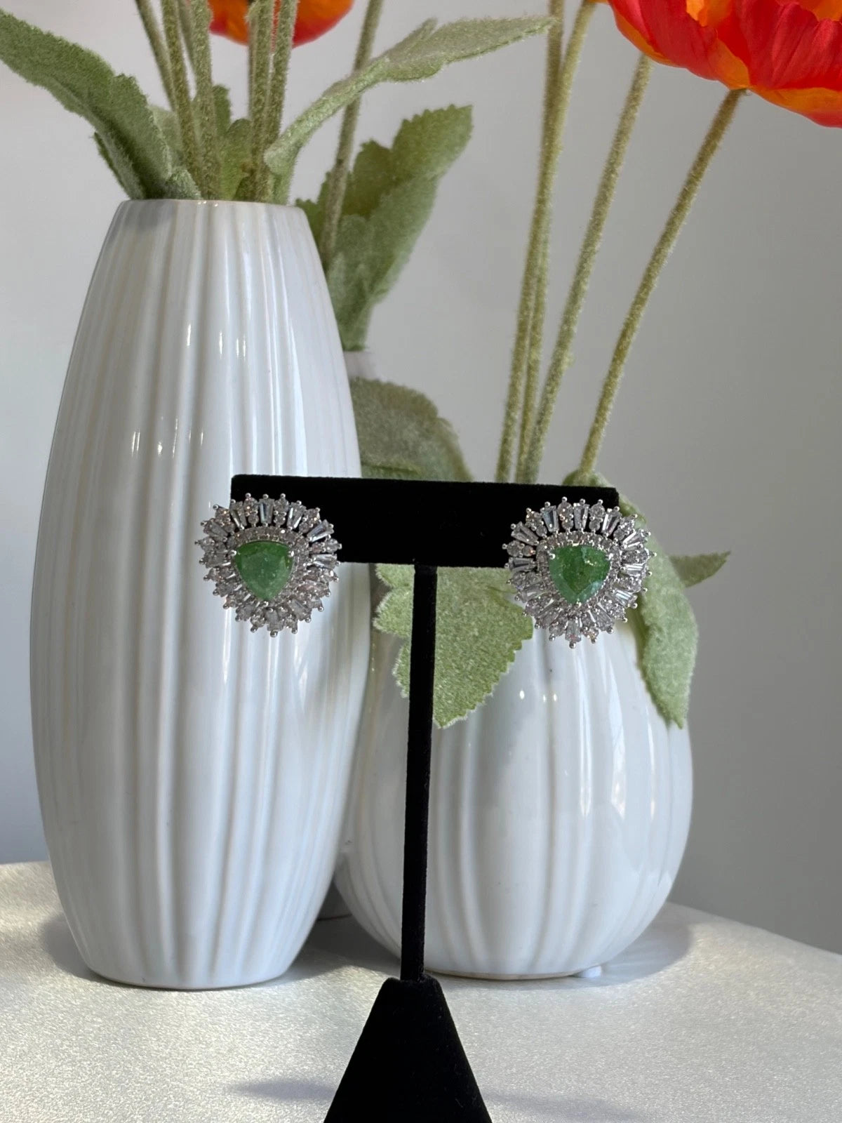 Green Stone Halo Stud Earrings Silver Tone CZ Statement Jewelry