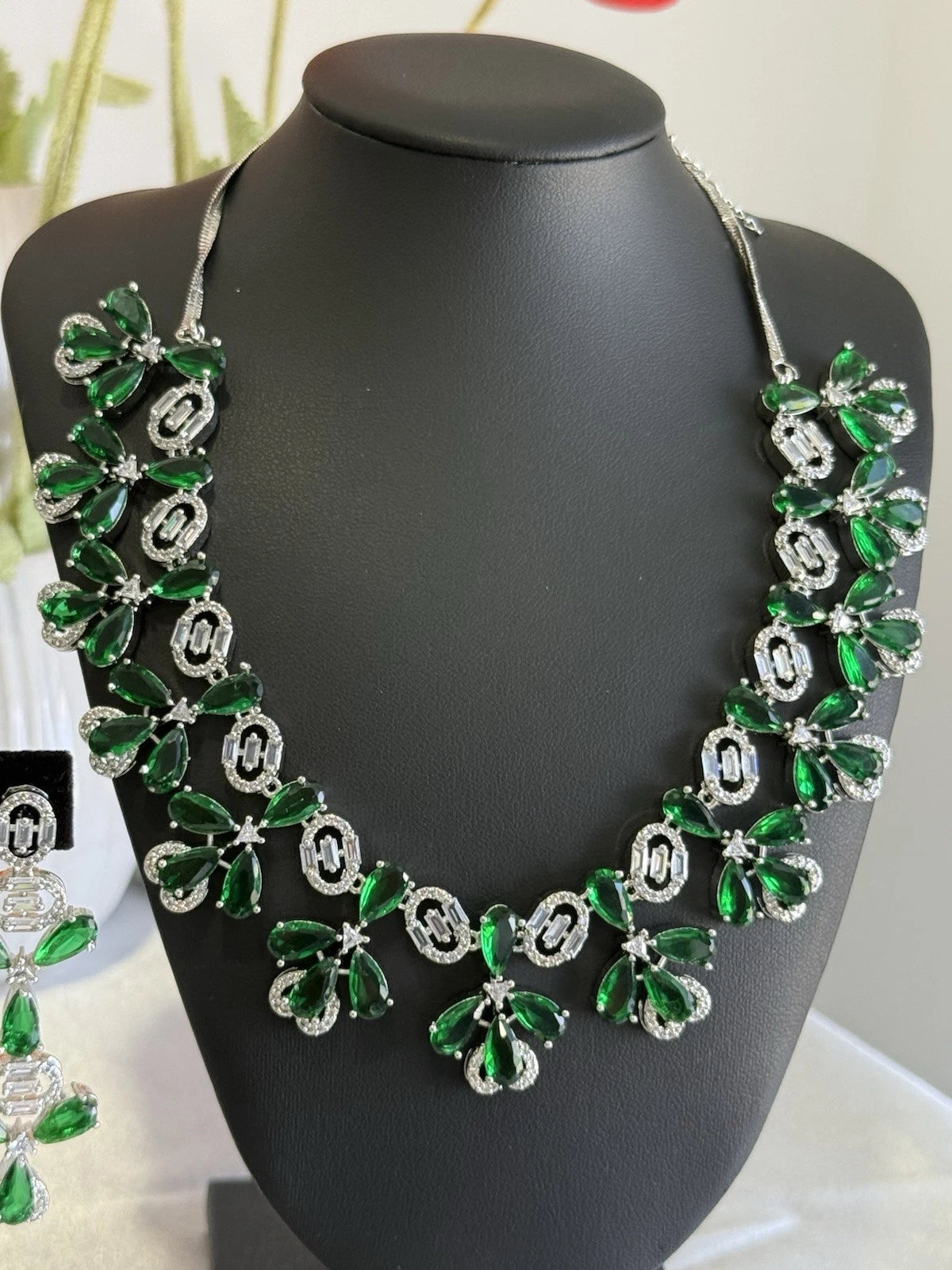 Emerald Green CZ Flower Necklace Earrings Set Silver Tone Pakistani Jewelry