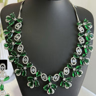 Emerald Green CZ Flower Necklace Earrings Set Silver Tone Pakistani Jewelry