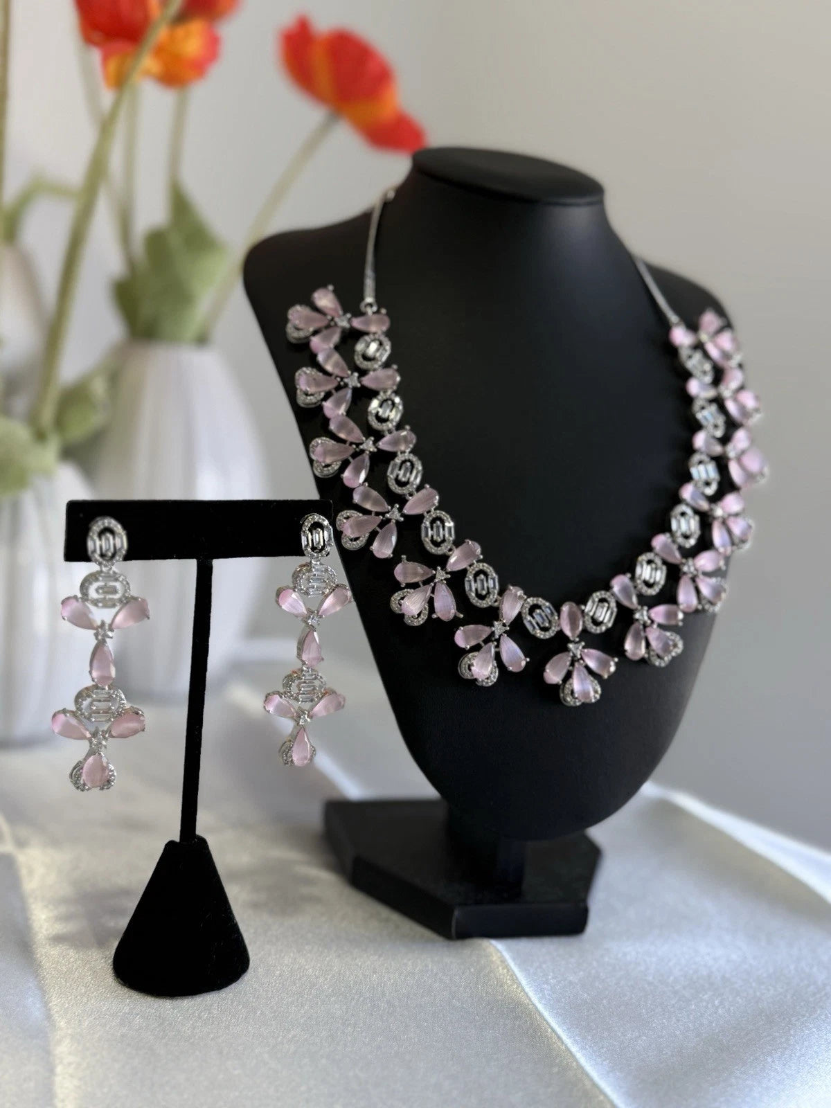 Light Pink CZ Flower Necklace Earrings Set Silver Tone Pakistani Jewelry