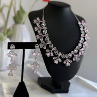 Light Pink CZ Flower Necklace Earrings Set Silver Tone Pakistani Jewelry
