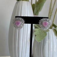 Pink Stone Halo Stud Earrings Silver Tone CZ Statement Jewelry