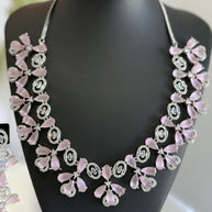 Light Pink CZ Flower Necklace Earrings Set Silver Tone Pakistani Jewelry