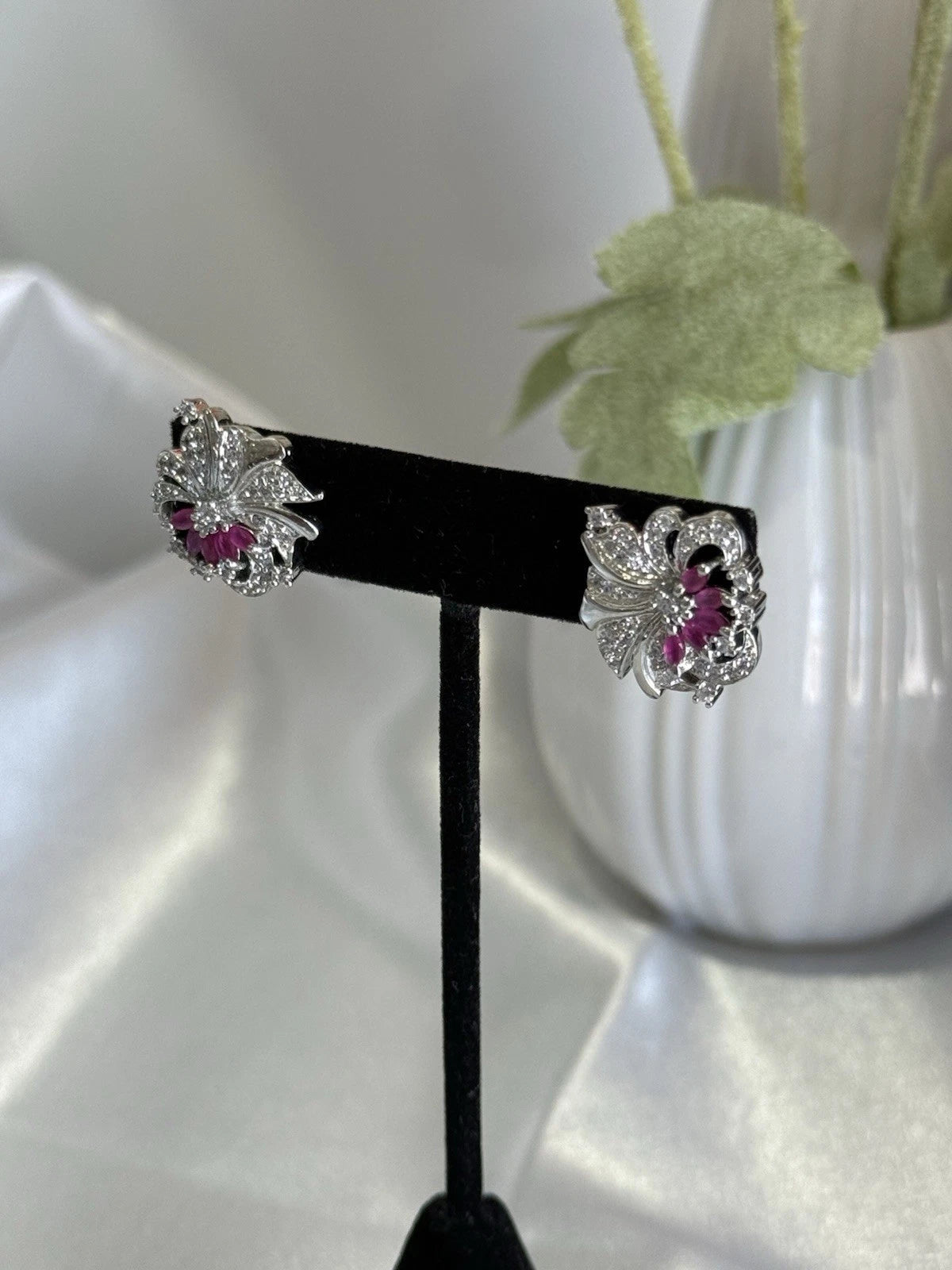 Magenta Pink CZ Floral Stud Earrings Silver Tone Party Jewelry