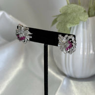 Magenta Pink CZ Floral Stud Earrings Silver Tone Party Jewelry