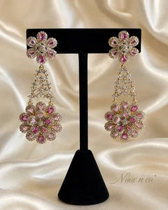 Pink Floral CZ Gold Tone Chandelier Earrings Pakistani Indian Bridal Jewelry