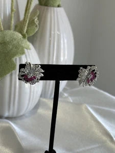 Magenta Pink CZ Floral Stud Earrings Silver Tone Party Jewelry