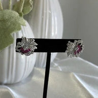 Magenta Pink CZ Floral Stud Earrings Silver Tone Party Jewelry