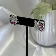 Magenta Pink CZ Floral Stud Earrings Silver Tone Party Jewelry