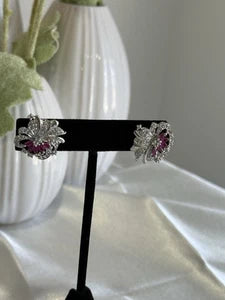 Magenta Pink CZ Floral Stud Earrings Silver Tone Party Jewelry