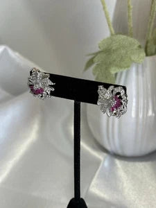 Magenta Pink CZ Floral Stud Earrings Silver Tone Party Jewelry