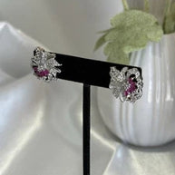Magenta Pink CZ Floral Stud Earrings Silver Tone Party Jewelry