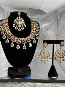 Luxury Indian Bridal Jewelry Set –Pink and Green American Diamond Necklace, Earr