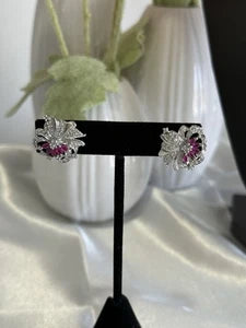 Magenta Pink CZ Floral Stud Earrings Silver Tone Party Jewelry