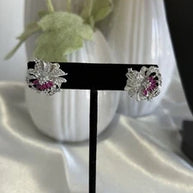Magenta Pink CZ Floral Stud Earrings Silver Tone Party Jewelry