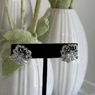 Black CZ Floral Stud Earrings Silver Tone Party Jewelry