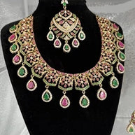 Luxury Indian Bridal Jewelry Set –Pink and Green American Diamond Necklace, Earr