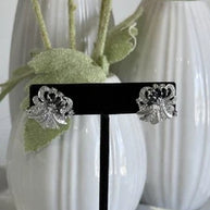 Black CZ Floral Stud Earrings Silver Tone Party Jewelry