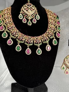 Luxury Indian Bridal Jewelry Set –Pink and Green American Diamond Necklace, Earr