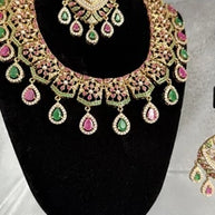 Luxury Indian Bridal Jewelry Set –Pink and Green American Diamond Necklace, Earr