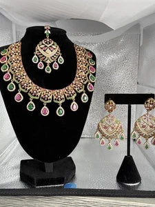 Luxury Indian Bridal Jewelry Set –Pink and Green American Diamond Necklace, Earr