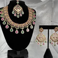 Luxury Indian Bridal Jewelry Set –Pink and Green American Diamond Necklace, Earr