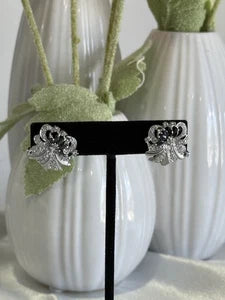 Black CZ Floral Stud Earrings Silver Tone Party Jewelry