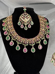 Luxury Indian Bridal Jewelry Set –Pink and Green American Diamond Necklace, Earr