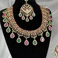 Luxury Indian Bridal Jewelry Set –Pink and Green American Diamond Necklace, Earr
