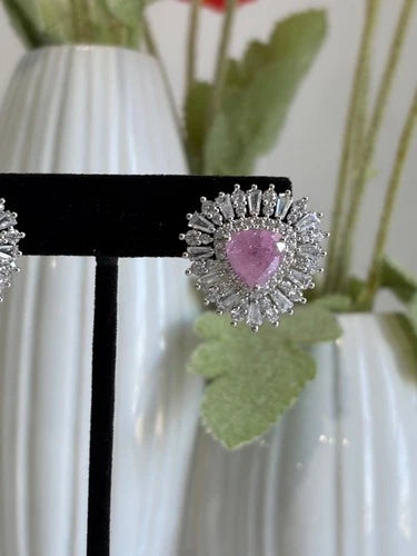 Pink Stone Halo Stud Earrings Silver Tone CZ Statement Jewelry