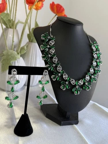 Emerald Green CZ Flower Necklace Earrings Set Silver Tone Pakistani Jewelry
