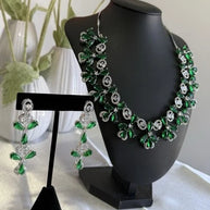 Emerald Green CZ Flower Necklace Earrings Set Silver Tone Pakistani Jewelry