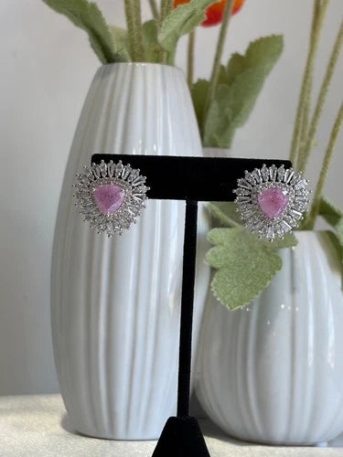 Pink Stone Halo Stud Earrings Silver Tone CZ Statement Jewelry