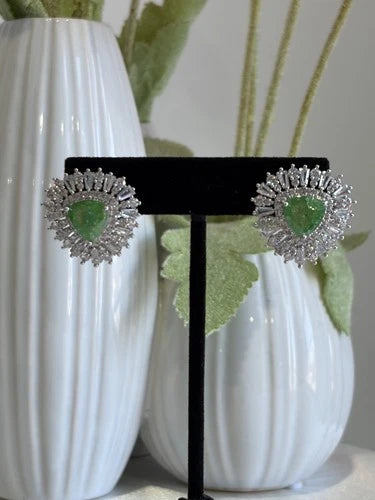 Green Stone Halo Stud Earrings Silver Tone CZ Statement Jewelry