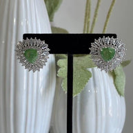 Green Stone Halo Stud Earrings Silver Tone CZ Statement Jewelry