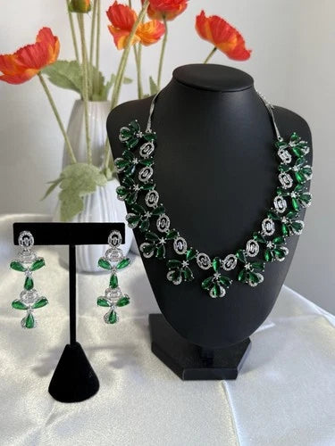 Emerald Green CZ Flower Necklace Earrings Set Silver Tone Pakistani Jewelry