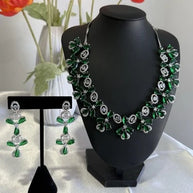 Emerald Green CZ Flower Necklace Earrings Set Silver Tone Pakistani Jewelry